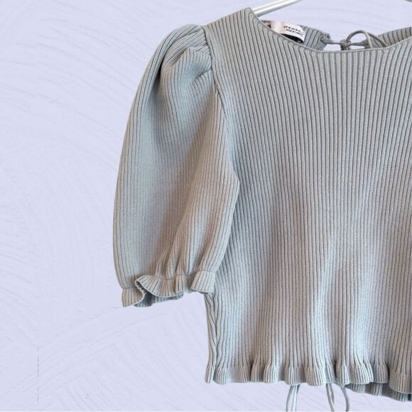 Zara baby blue cropped ribbed knit puff sleeve open back top - Picture 6 of 11
